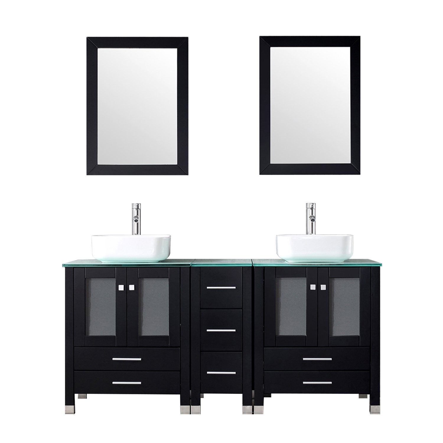 60" Double Bathroom Vanity Wood Cabinet Black and Square Ceramic Vessel Sink with Mirror Combo Faucet