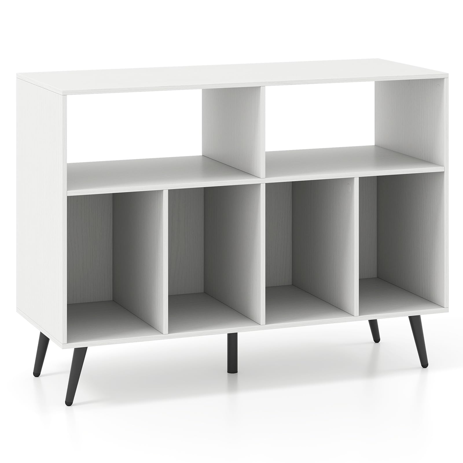 GIANTEX Supporto per giradischi in vinile, grande piano di lavoro, 6 scomparti, armadio a dischi in vinile, kit anti-ribaltamento, per soggiorno, camera da letto (bianco, senza stazione di ricarica)