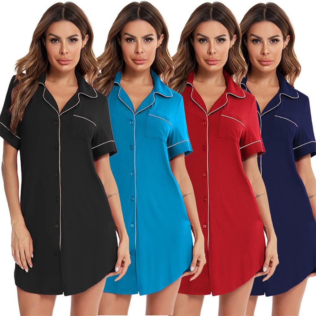 Dninmim Damen Modal Baumwolle Knopf Kurzarm Pyjama Sommer Sexy Braut Brautjungfer Homewear, Blaue Schlaf-Tops, 42