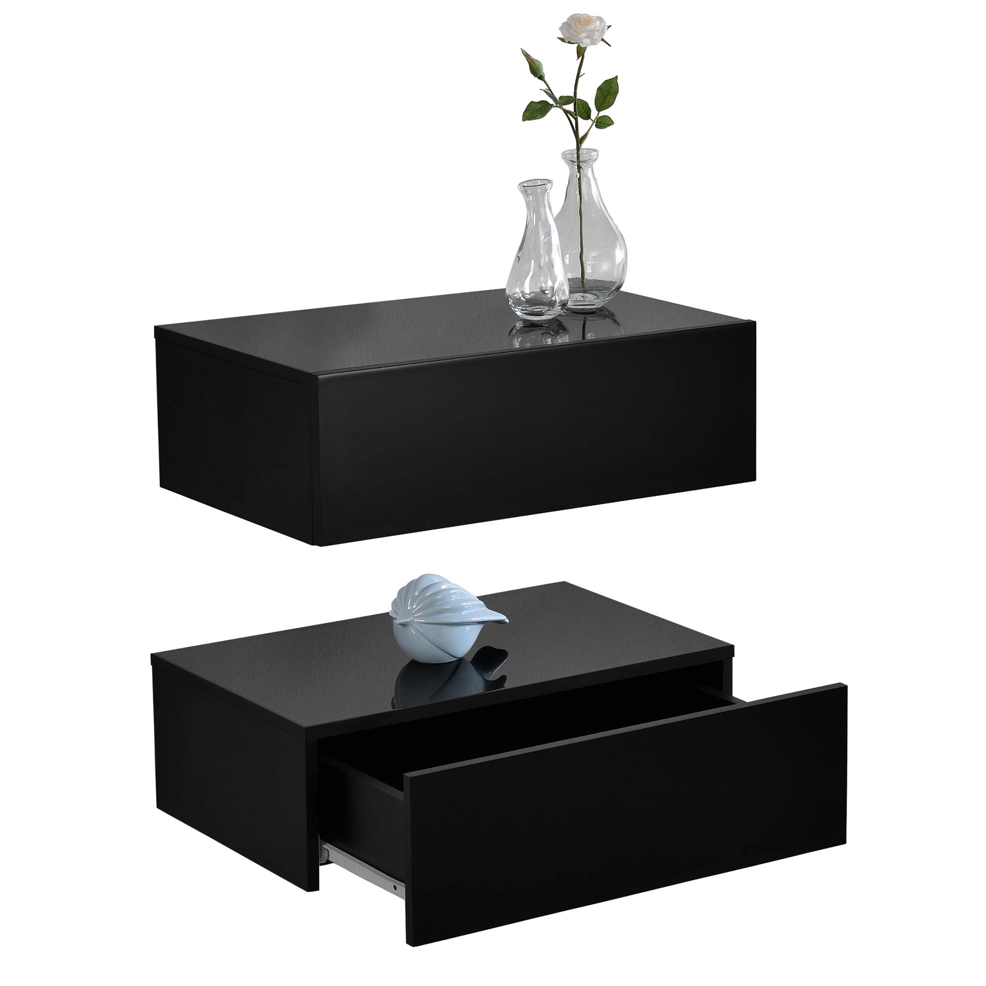[en.casa] Set di 2 Comodini Sospesi Mensole da Parete con Cassetto Integrato Mobiletti Salvaspazio per Camera da Letto Ingresso Soggiorno 46x30x15 cm Nero Lucido