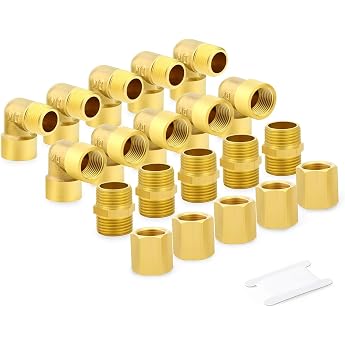 GASHER 20pcs 1/4 BSP Brass Pipe Fittings Hex Nipple Hex Coupling 90 Degree Barstock Street Elbow Air Hose Fittings