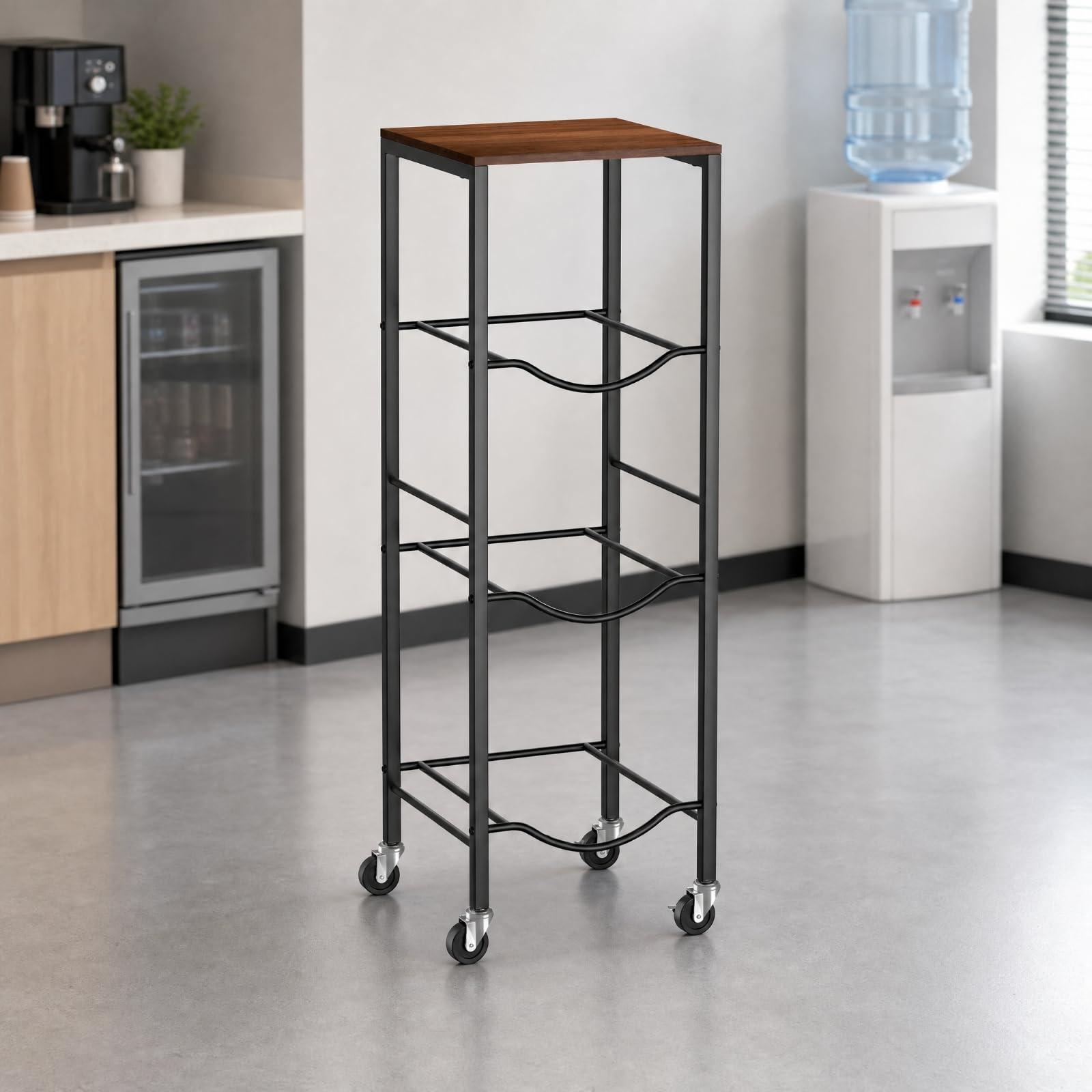 LOVIVER Portabottiglie Verticale a più Livelli Autoportante Scaffale Portabottiglie con Ripiano in Legno Robusto Portaoggetti per Ufficio, Sala Pausa, Con Ruote