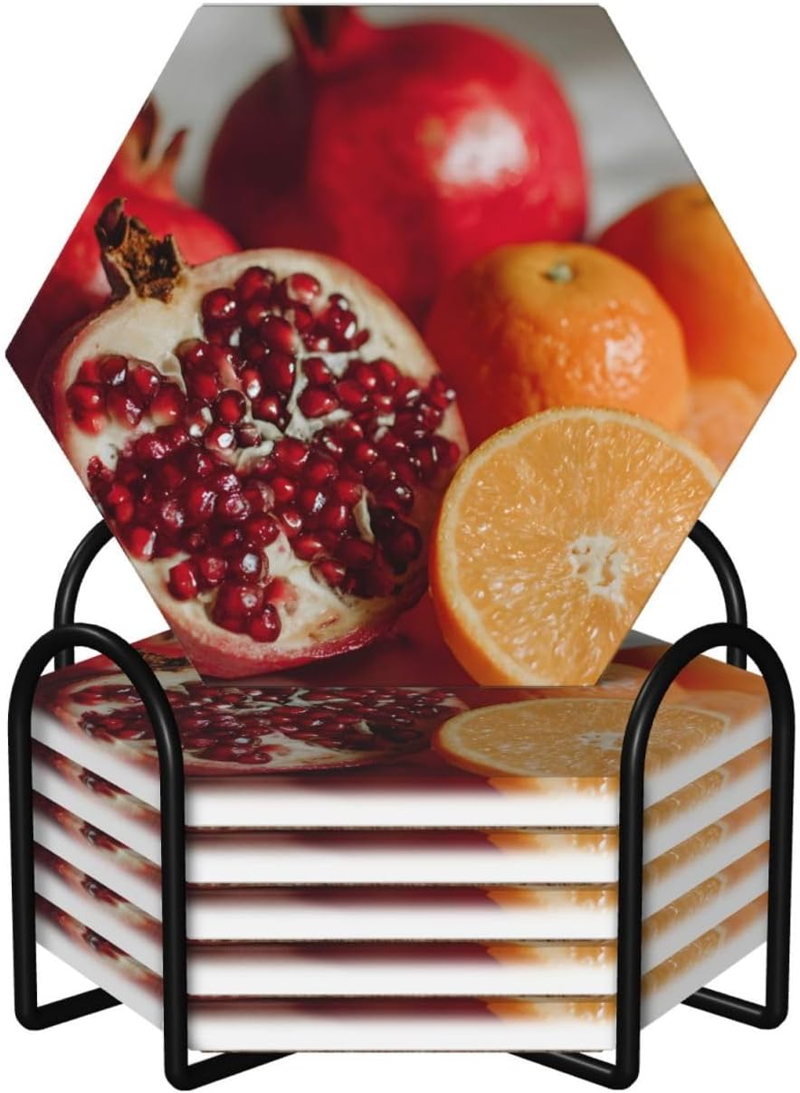 (Pomegranate) Ceramic Coasters Set of 6 with Holder Non-Slip Hexagon Coffee Coasters for for Cup Mug Drink Patio Coffee Table Decor, Christmas Coasters Home Bar Supplies