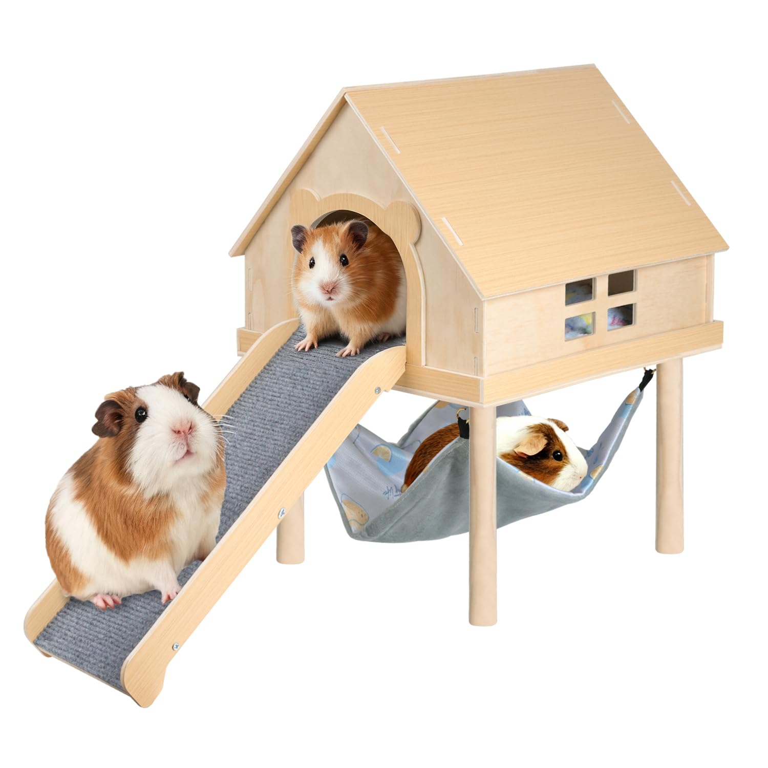 Meerschweinchenversteck - Meerschweinchen-Spielzeug aus Holz mit Treppe und Matte und Hängematte, abnehmbares Doppeldecker-Haus für Hamster, Chinchilla, Frettchen, Meerschweinchen, Zubehör