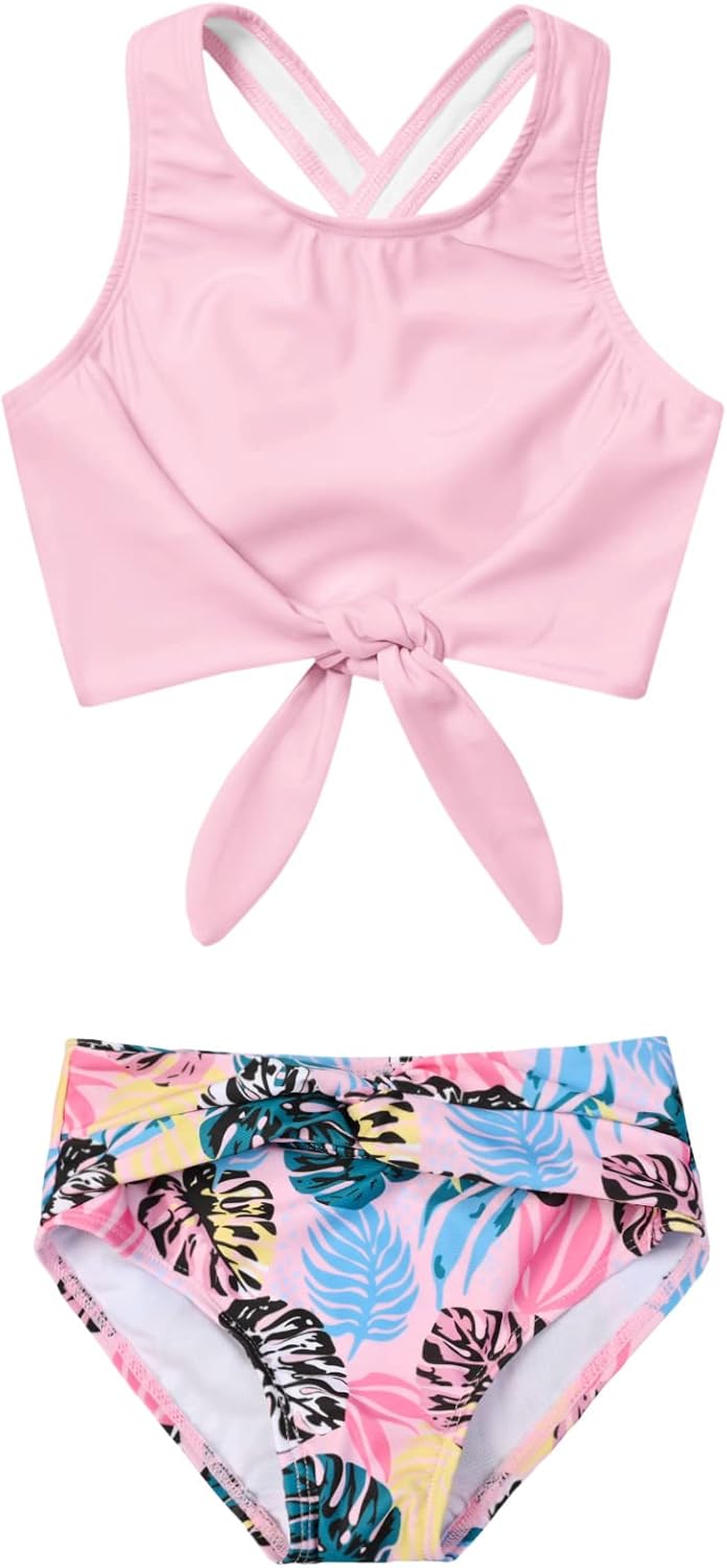 Mirawise Girls Swimsuits Swimwear Bathing Suit Beach Bikini Two Piece Tie Front Swimsiuts 4-13Y
