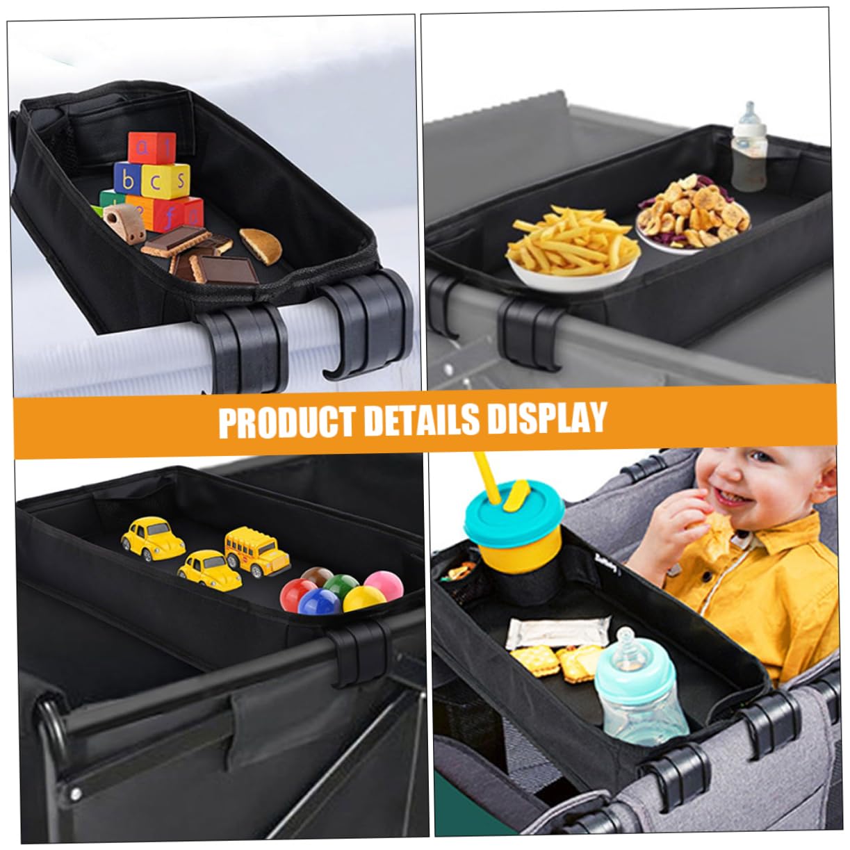 Kinderwagen Tablett Snack Organizer mit Getränkehalter Verstellbares Zubehör für Junge Mädchen Schwarz für Unterwegs und Täglichen Gebrauch