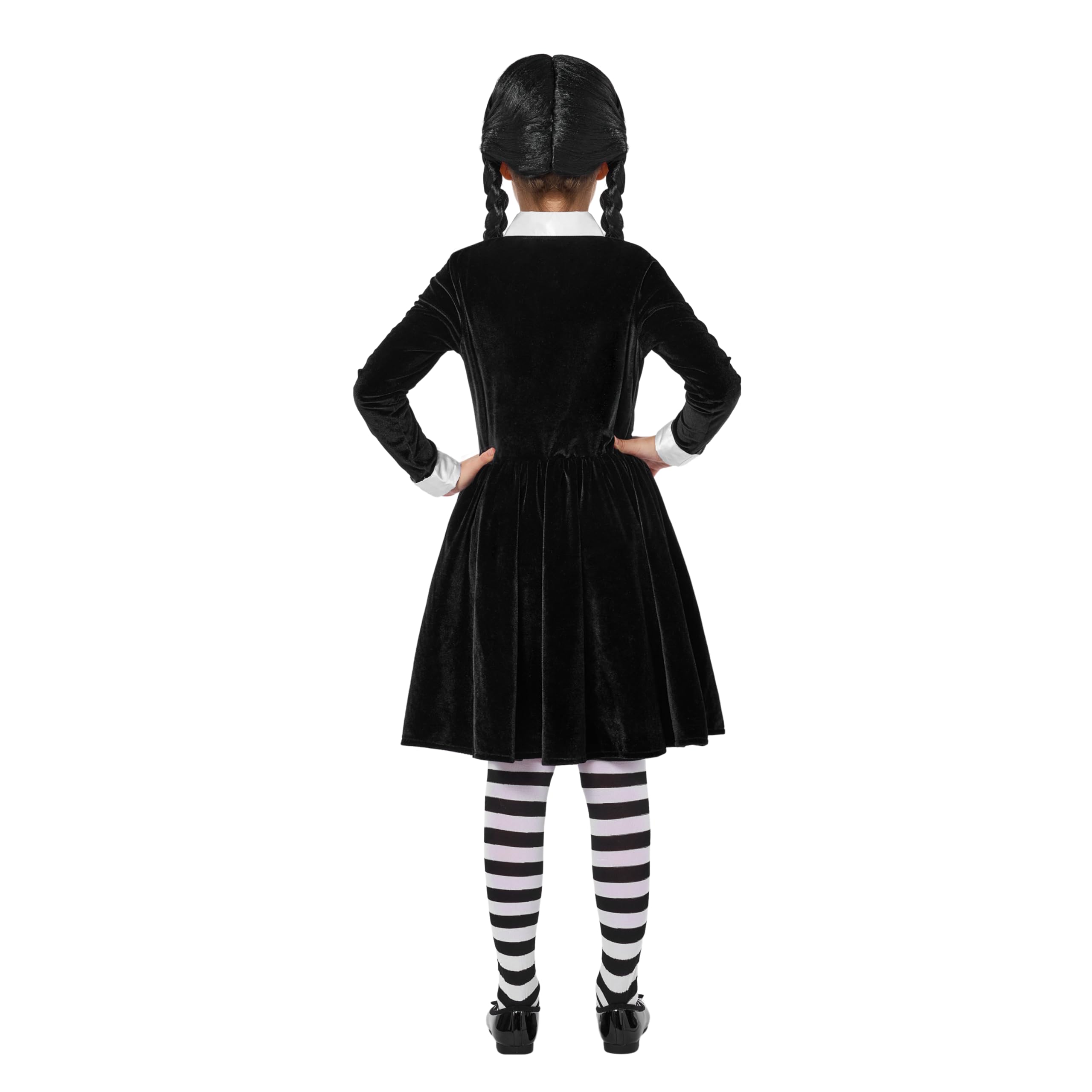 Spooktacular Creations Vestido Negro con Cuello para Niñas, Disfraz de Niña de Escuela de Manga Larga con Peluca, Vestido Skater de Terciopelo para Niños Pequeños en Halloween, Fiesta de Cosplay