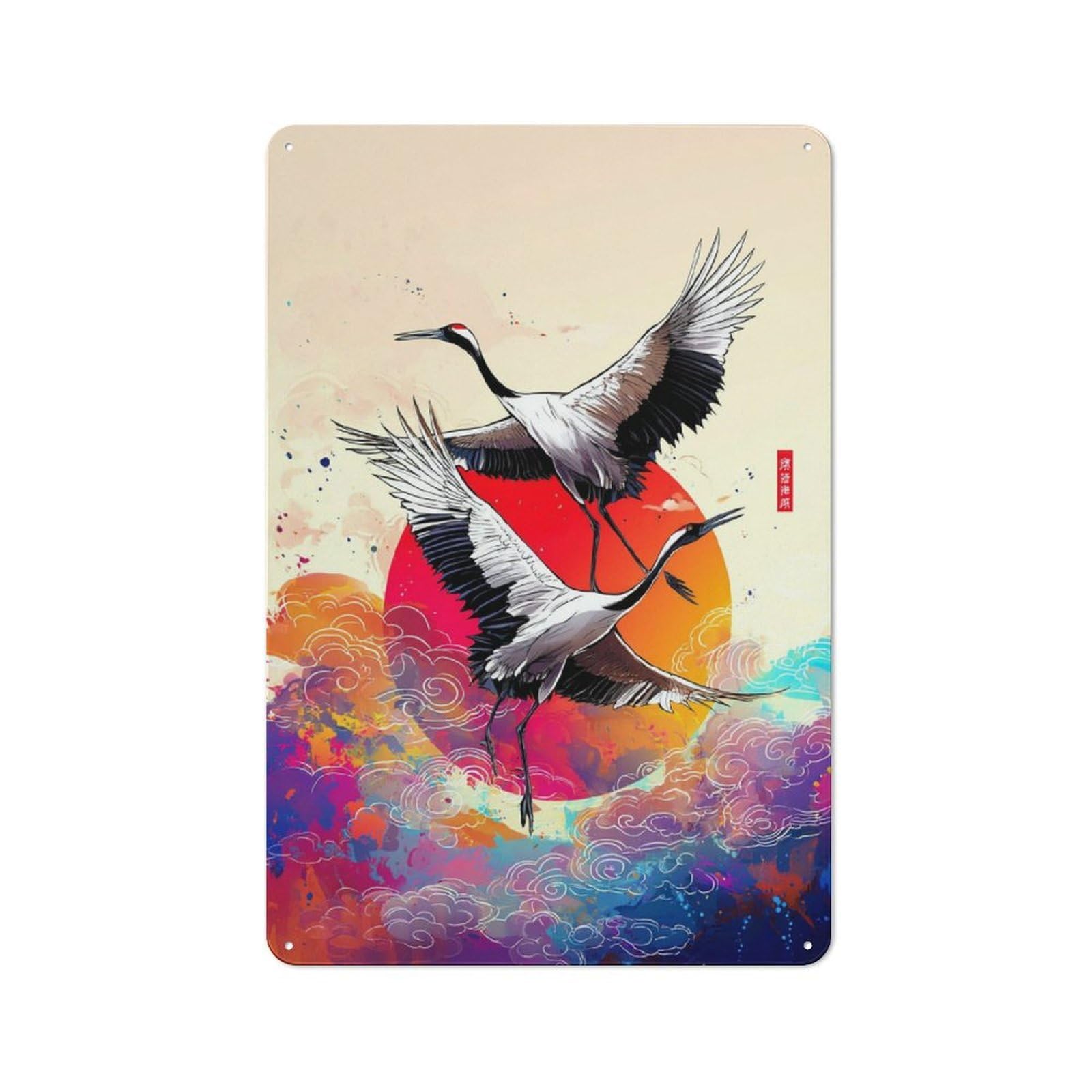 Junmoney Dancing Cranes Sunset Sky Metal Wall Sign With Design 30X20cm, Loft Style Studio Wall Art For Flat, Bar, Studio Or Gallery Wall