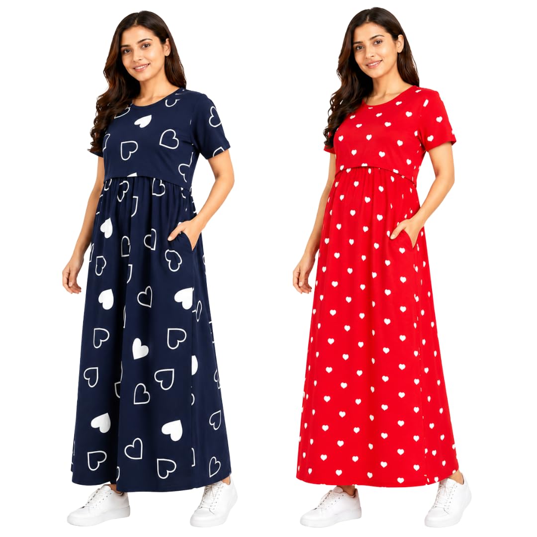 Maternity Feeding Dress Combo Pack of 2 | Zipless Nursing Dress for Women | Soft Cotton Lounge & Outdoor Wear | Pregnancy & Feeding Friendly Maxi Dress with Pockets(Navy Blue, Red)-image-16