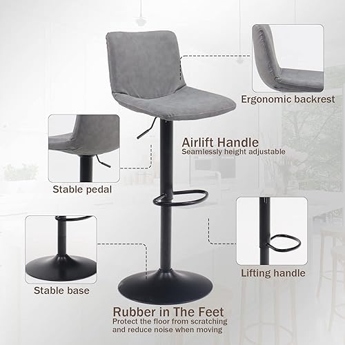 Miniatura 6 de OHAHO Juego de 2 taburetes de bar giratorios para mostrador de cocina, sillas de bar de altura ajustable con respaldo, taburetes de bar altos de