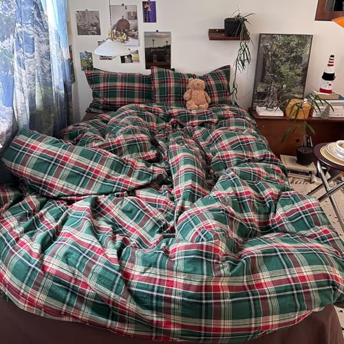 Image of mixinni Vintage Green Buffalo Plaid Washed Cotton Duvet Cover Full - Soft Breathable Textured Bedding Set with Zipper Closure for All Seasons-1 Duvet Cover + 2 Pillow Shams-Full Size