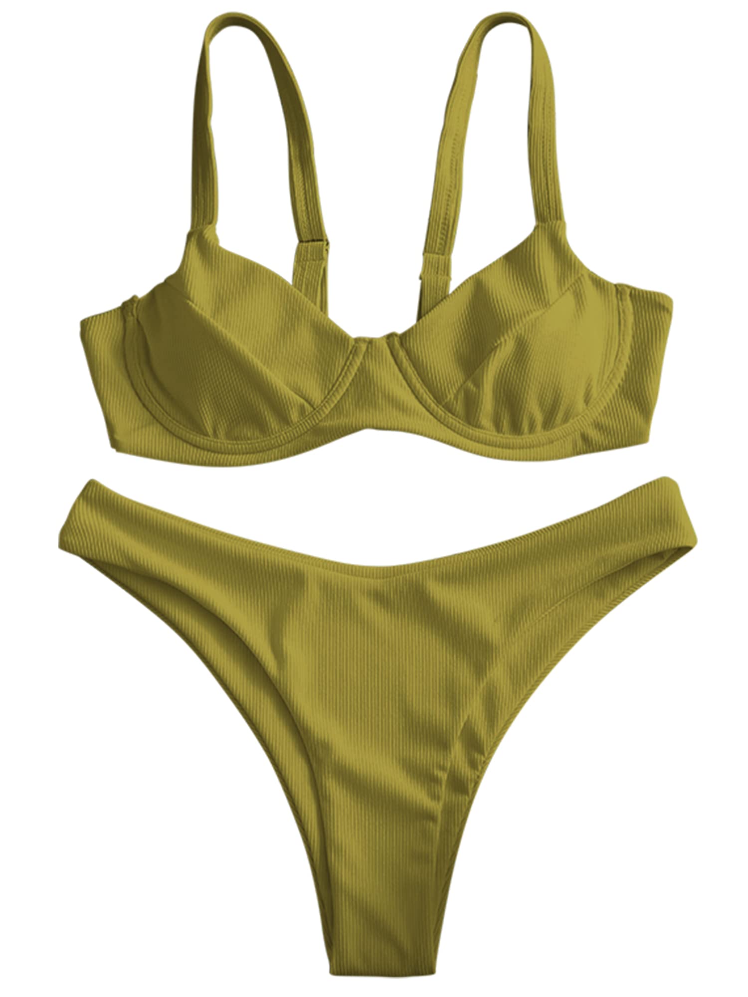 ZAFUL Women's Ribbed Underwire Bikini Set High Cut Colorblock V Notch Swimwear Printed High Leg Swimsuit