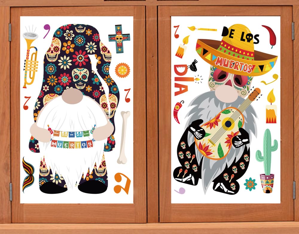 9 Blatt Tag Der Toten Fensteraufkleber | Doppelseitig, 20x30 Cm | Mit Zuckerschädel, Gitarre, Zwerg-Motiven
