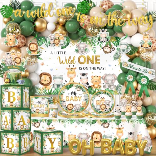 Safari Baby Shower Decorations 262pcs Wild Birthday Decorations Jungle Baby Shower Decorations Plates and Napkin Cups Backdrop Banner Tablecloth Balloons Garland Boxes Serves 20