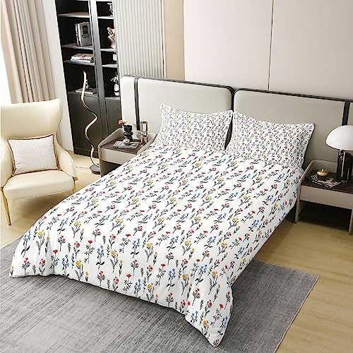 Homewish Cotton Aesthetic Bedding Set Single,Boho Floral Comforter Cover,Blue Red Yellow Flowers Duvet Cover,Blossom Botanical Leaf Branch Farmhouse Theme Quilt Cover for Kids Girls Soft Reversible - Image 2