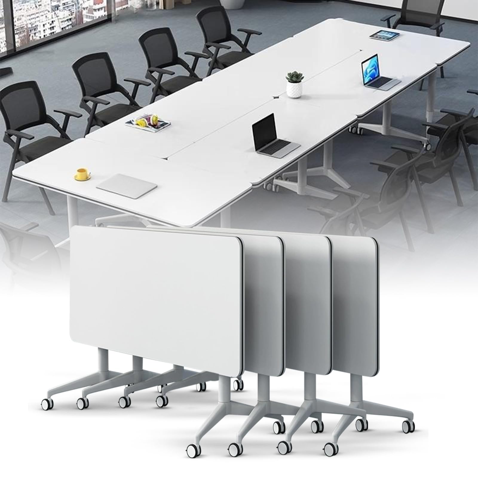 Konferenztisch, moderner, Faltbarer Raum, großer, rechteckiger, weißer Besprechungs- und Schulungsseminartisch mit Klappplatte leisen Rädern für Büro, Klassenzimmer (4er-Pack 70,9 Zoll)