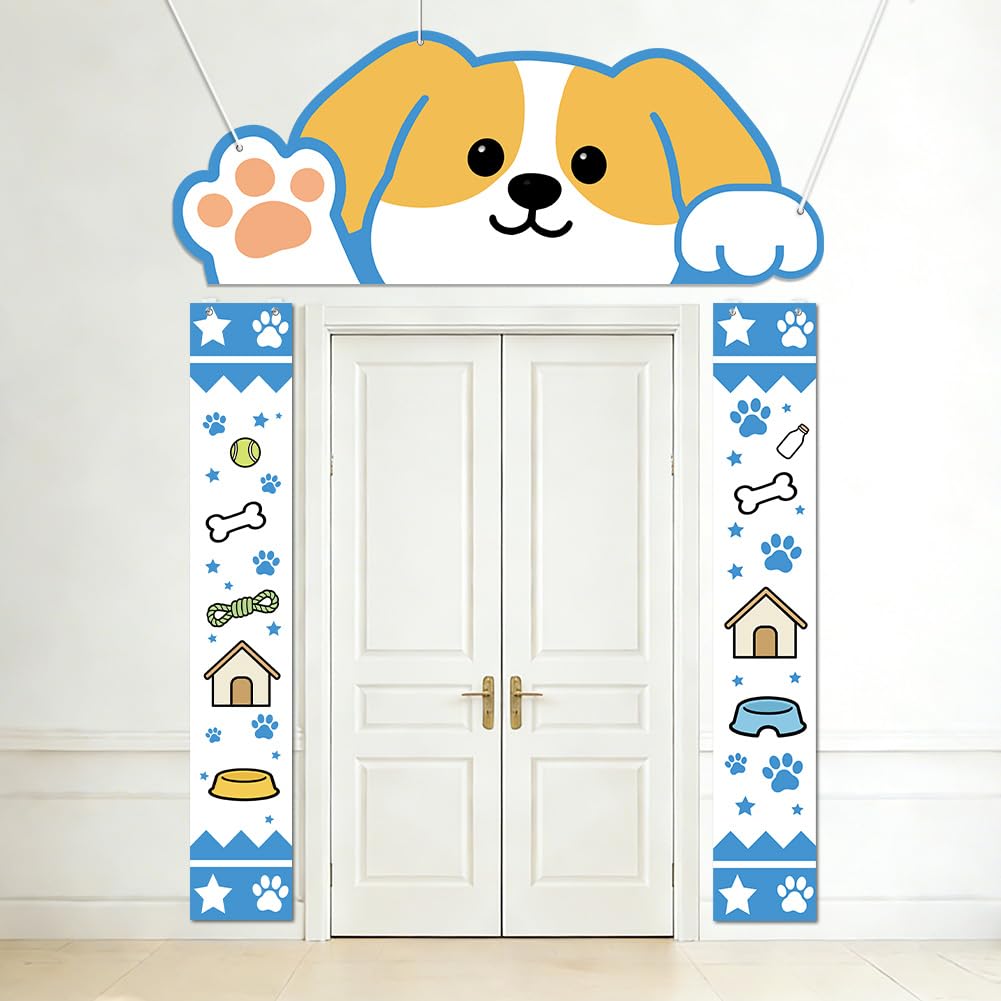 SUPERDANT 3Pcs Dog House Porch Banner Outdoor Welcome Pet Sign Fabric Cartoon Dog Bone Paw Print Hanging Decor for Birthday Baby Shower Photo Props Kids Party 180x30cm