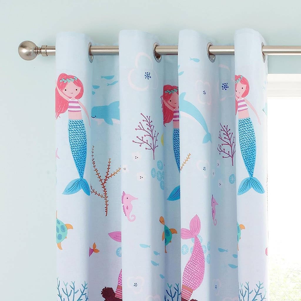 Catherine Lansfield Mermaid 66x72 Inch Fully Reversible Two Curtain Panels Blue/Pink