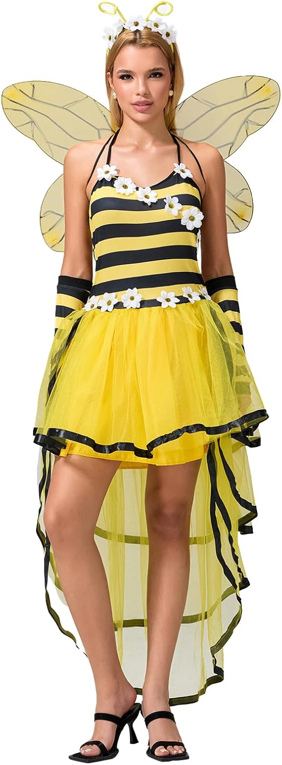 (Size:XL)Womens Halloween Bee Costume Trendy Bee Queen Cosplay Party Outfits Dress and Wing 4 Piece Role Playing Clothes 01yellow X-Large