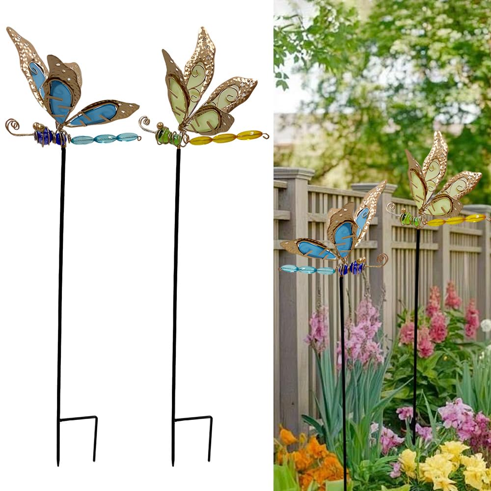 YOFHPT 2 PCS Dragonfly Metal Garden Ornaments, Dragonfly Garden Stake Decor, Waterproof Drago-nfly Stakes, Detachable & Installable, Metal Yard Art Glow in Dark for Patio, Lawn, Green&Blue, H75cm