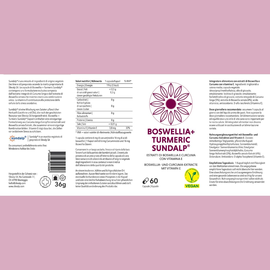 SUNDALP Boswellia + Turmeric | Integratore per Articolazioni e Dolori Muscolari Cronici | Integratore Alimentare con Estratti di Boswellia Serrata, Curcuma Longa e Vitamina E - 60 Capsule