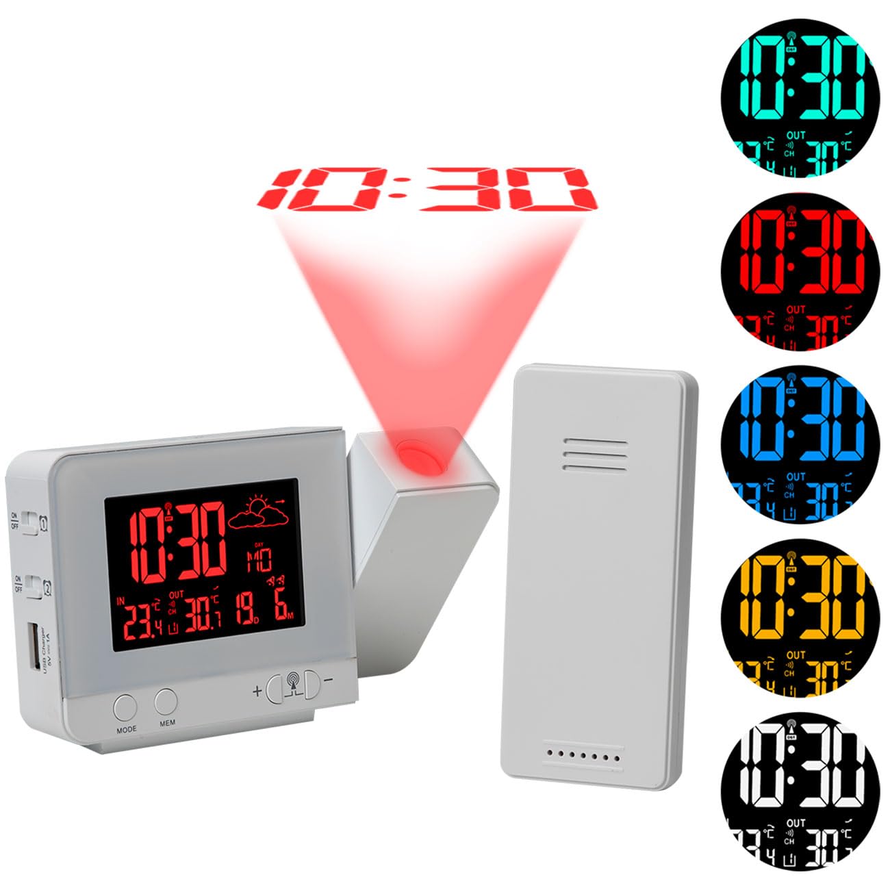 2-in-1 Projektionswecker & Funk-Wetterstation mit USB-Port – Wecker mit Aussensensor, projiziert Uhrzeit in 8 Farben an Wand & Decke