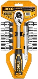 Ingco12Pcs 1/2? Socket Set HKTS12122 (10pcs socket, 1pcs 1/2"" 45T quick release ratchet handle & 1pcs 5"" Extension bar), C Shaped end and Hex end