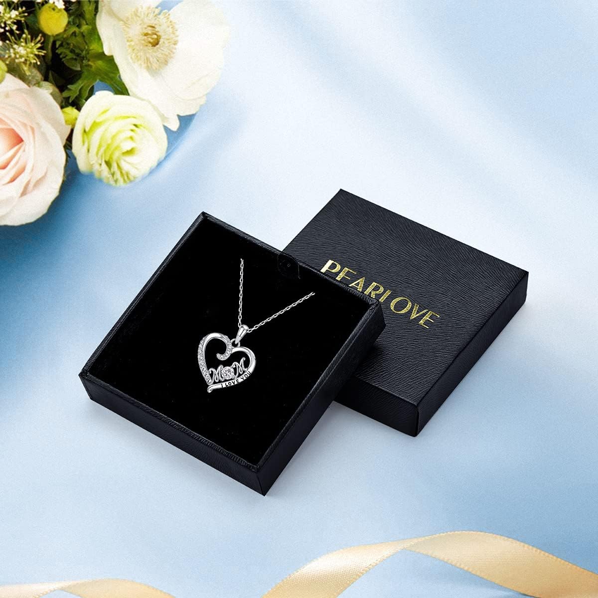 Love Heart 925 Sterling Silver Necklace, Gold Plated Birthstone Pendant Mom Necklaces with Cubic Zirconia for Mother Women