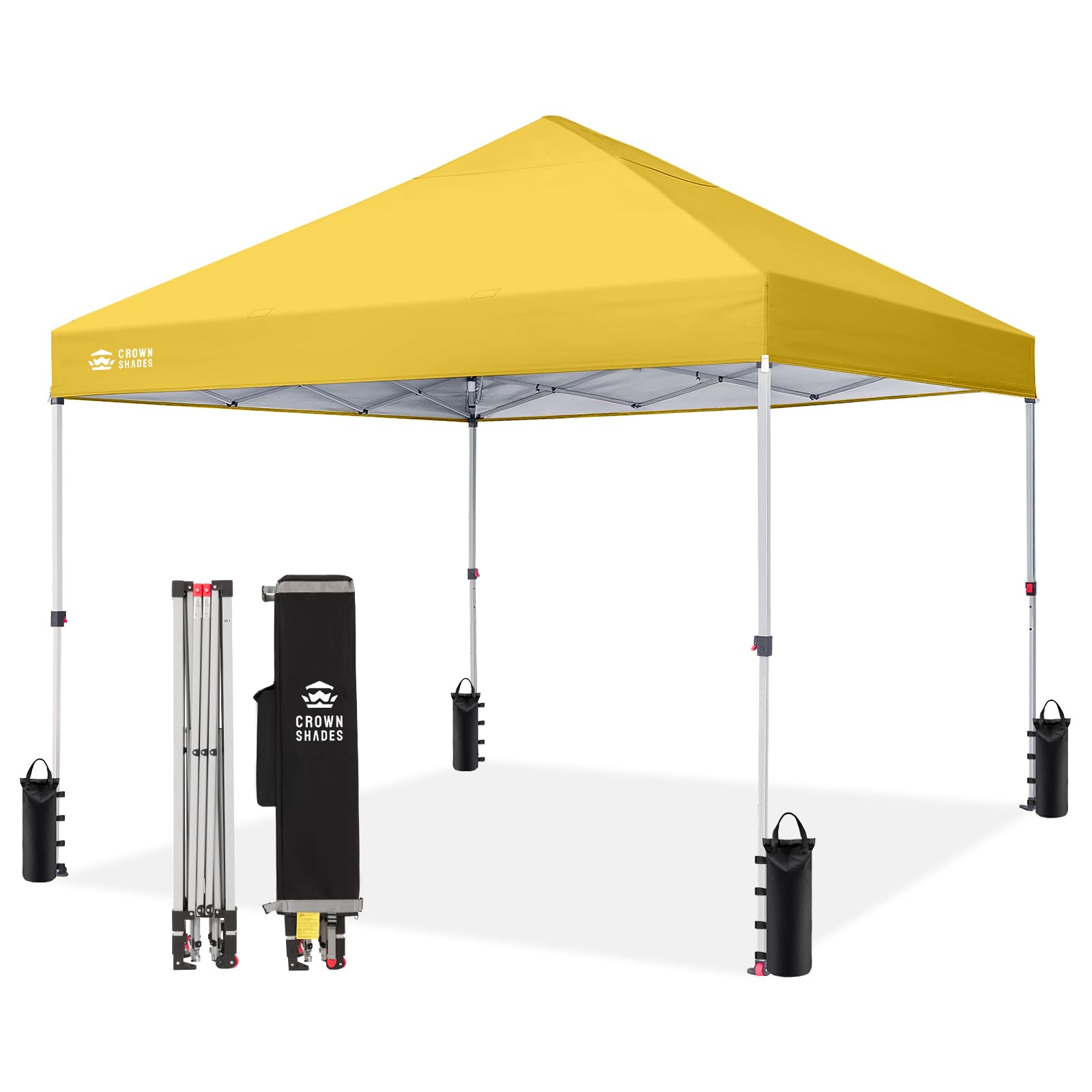 CROWN SHADES 8x8 Pop Up Canopy, Patented Center Lock One Push Instant Popup Outdoor Canopy Tent, Newly Designed Storage Bag, 8 Stakes, 4 Ropes, Silver-Coated Yellow