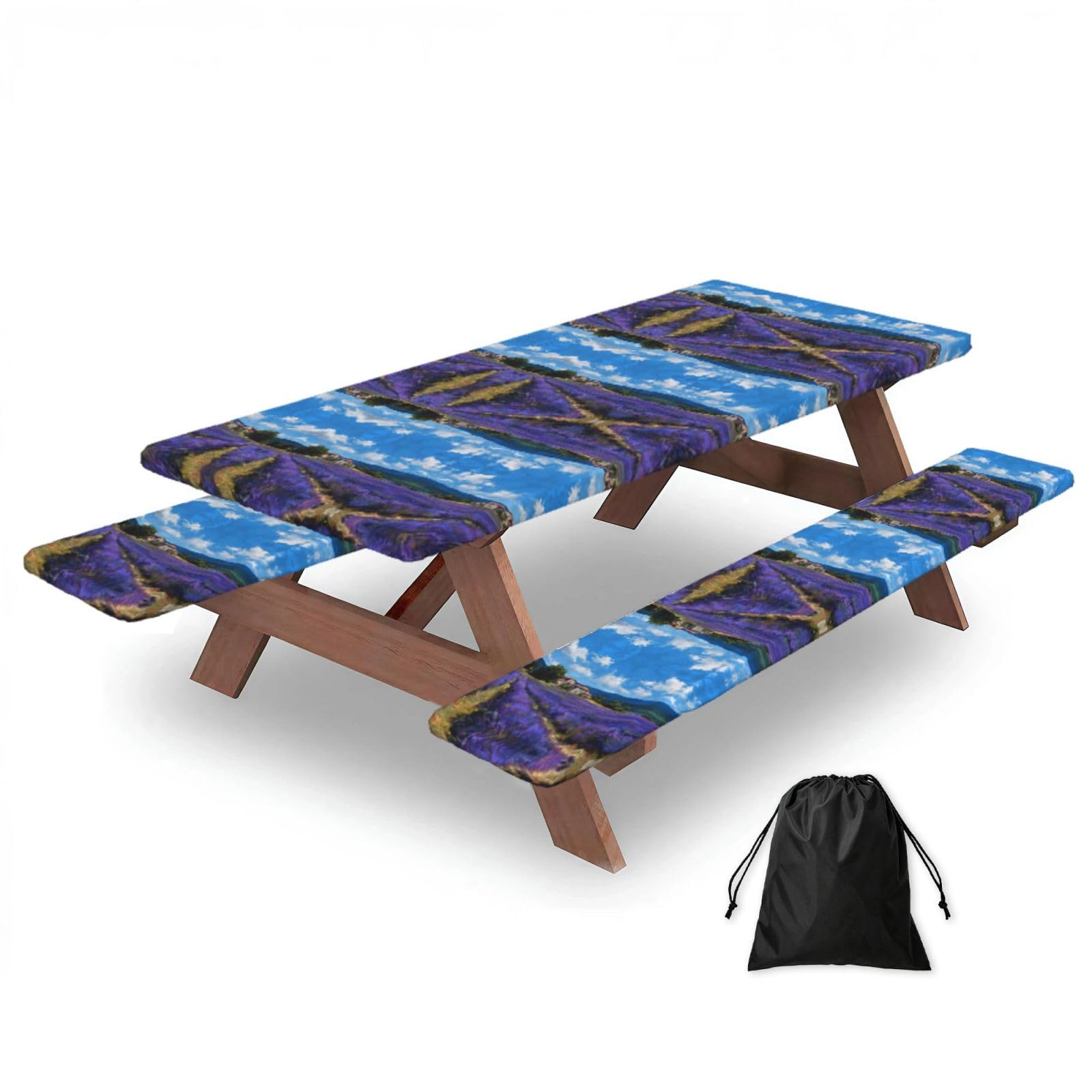 EZDLOWVBA Lavender Fields Print Picnic Table Cover With Bench Covers Waterproof Fitted Picnic Table Outdoor Elastic Picnic Tablecloth Outdoor Camping Essentials(3pcs)