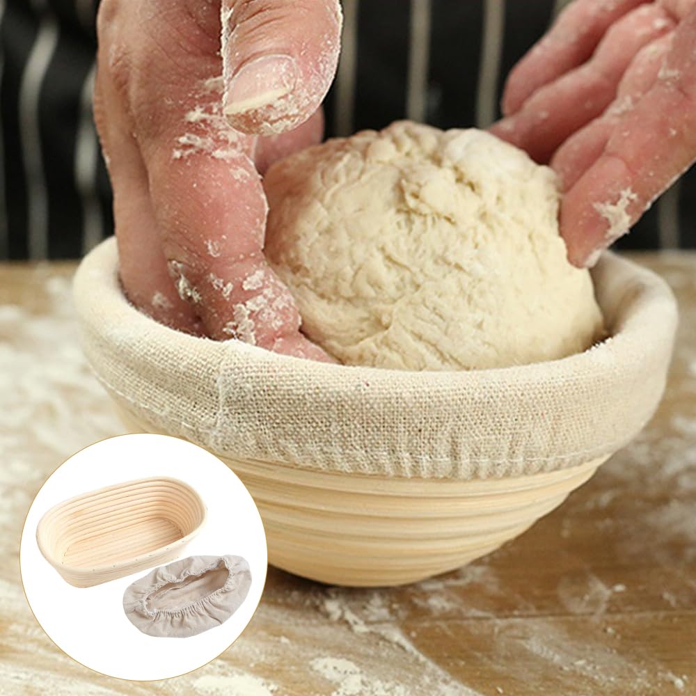 Lot de 2 paniers à pain ovales en rotin naturel de 25 cm, panier de levain avec doublure en tissu de lin, kit d'outils professionnels pour la fabrication de pain au levain