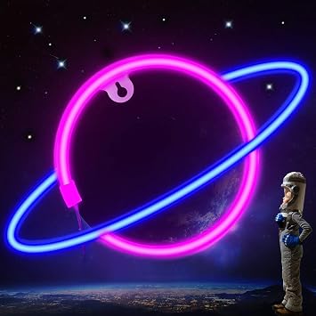 YouokLight planet neon signs for wall decor, LED neon light wall mount USB or battery powered planet light, aesthetic hanging Saturn, planet neon lights for bedroom, game room, pink and blue