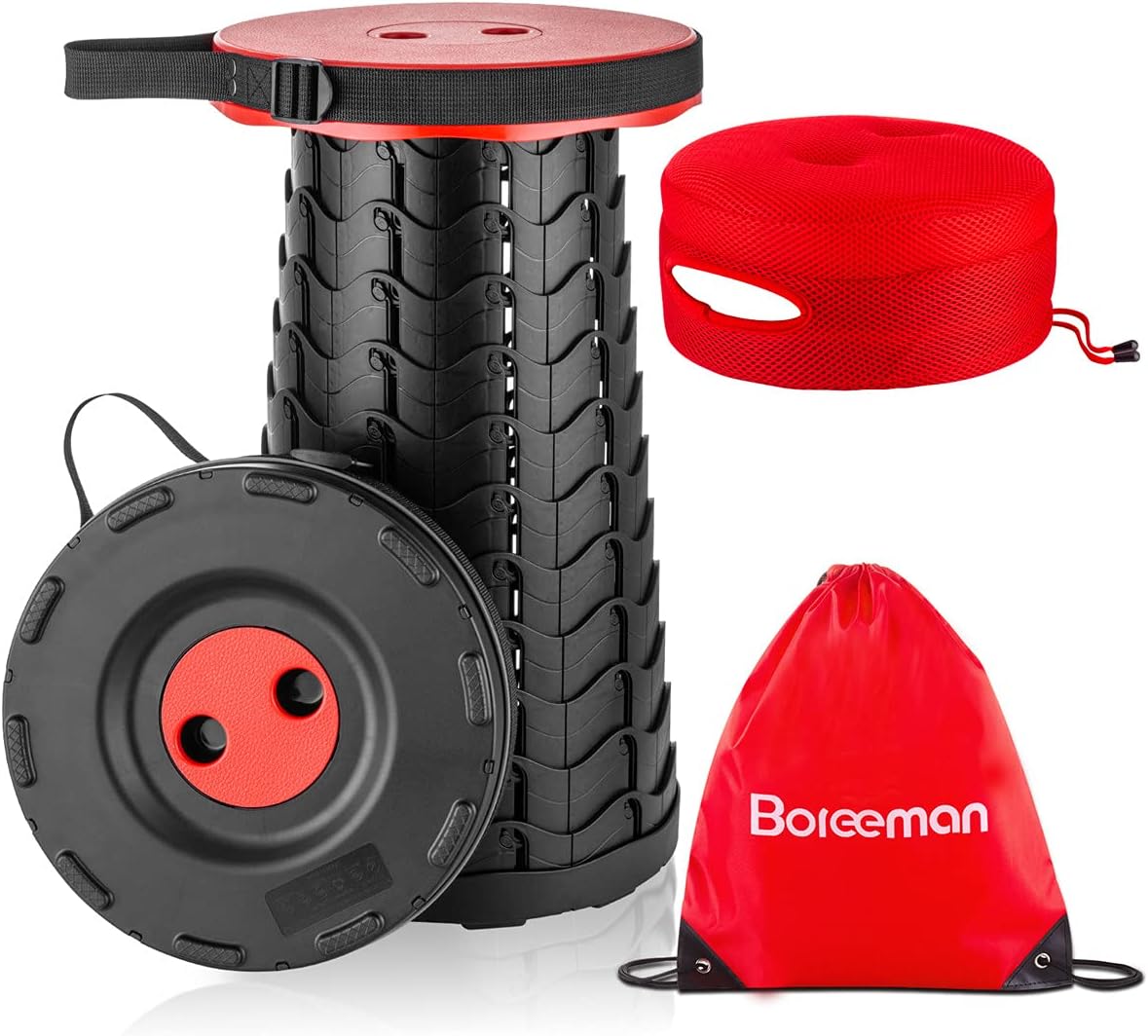 Boreeman Upgraded Folding Stool with Cushion Lightweight Yet More Sturdy with Load Capacity 400lbs Portable Collapsible Stool Retractable Stool for Camping Fishing Hiking BBQ (Red)