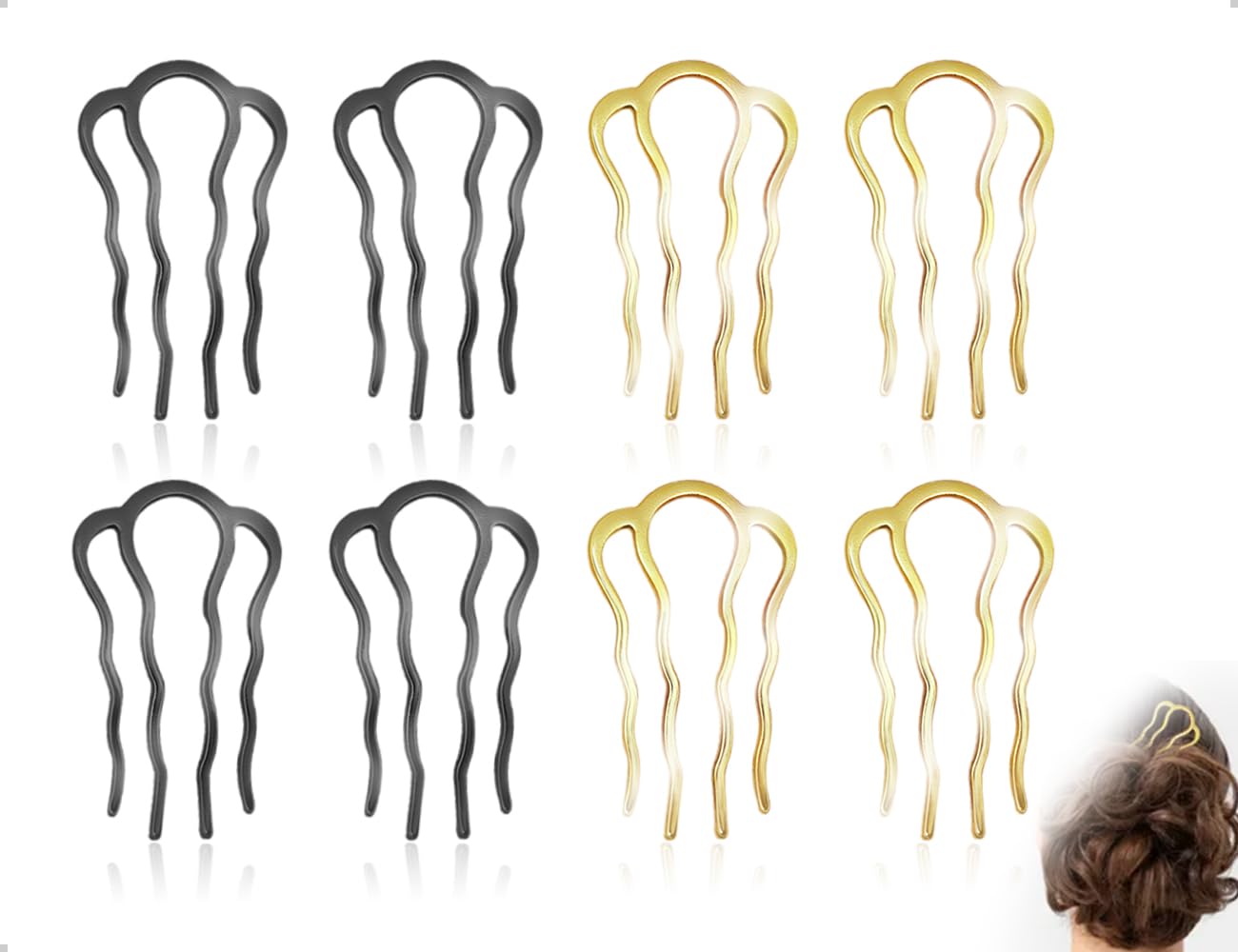 8 pettini per capelli, pettini vintage con denti in metallo, adatti per donne e ragazze, per lavoro, scuola, ufficio, matrimoni e feste (neri e oro, a forma di U)