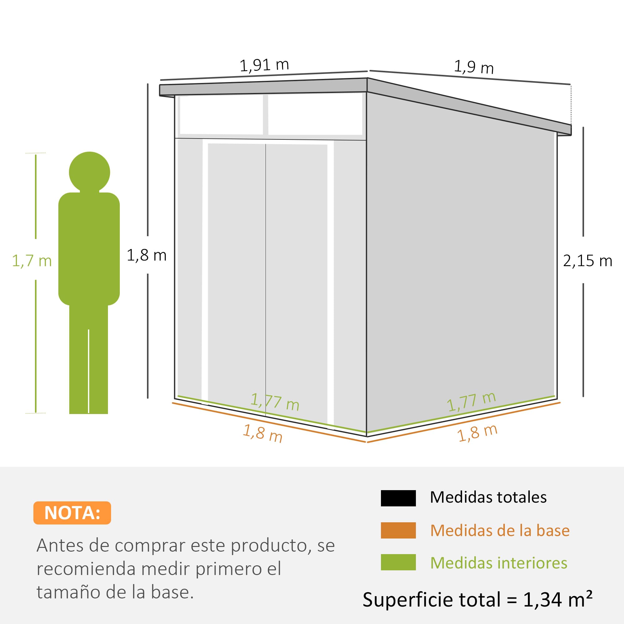 Outsunny Caseta de Jardín Exterior, 3,24 m², 190x191x215 cm, Gris Claro | Cobertizo de Jardín Exterior, Puerta Corredera con Pestillo, Ventana y Ventilación, para Almacenamiento de Herramientas