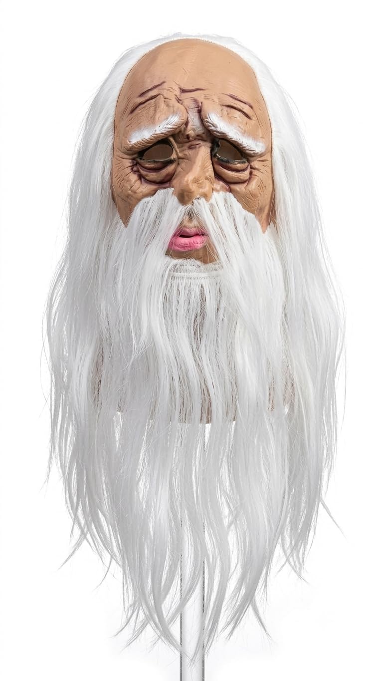 Realistic Old Man Character Mask with Long White Hair & Beard, Full Head Latex Costume Mask for Halloween, Cosplay, Masquerade, Stage Performance & Costume Parties, One Size Fits Most Adults-image-42