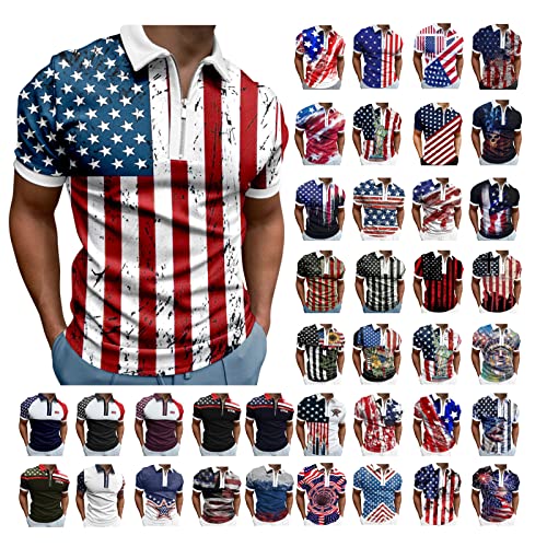 Patriotic Polo Shirts For Men Short Sleeve 1/4 Zipper Collar Us Flag Printed Golf Shirts Lightweight Stars And Stripes Tee Top Big Tall Collared 4Th Of July Shirts Athletic Tennis Shirts Classic Fit #TOP24