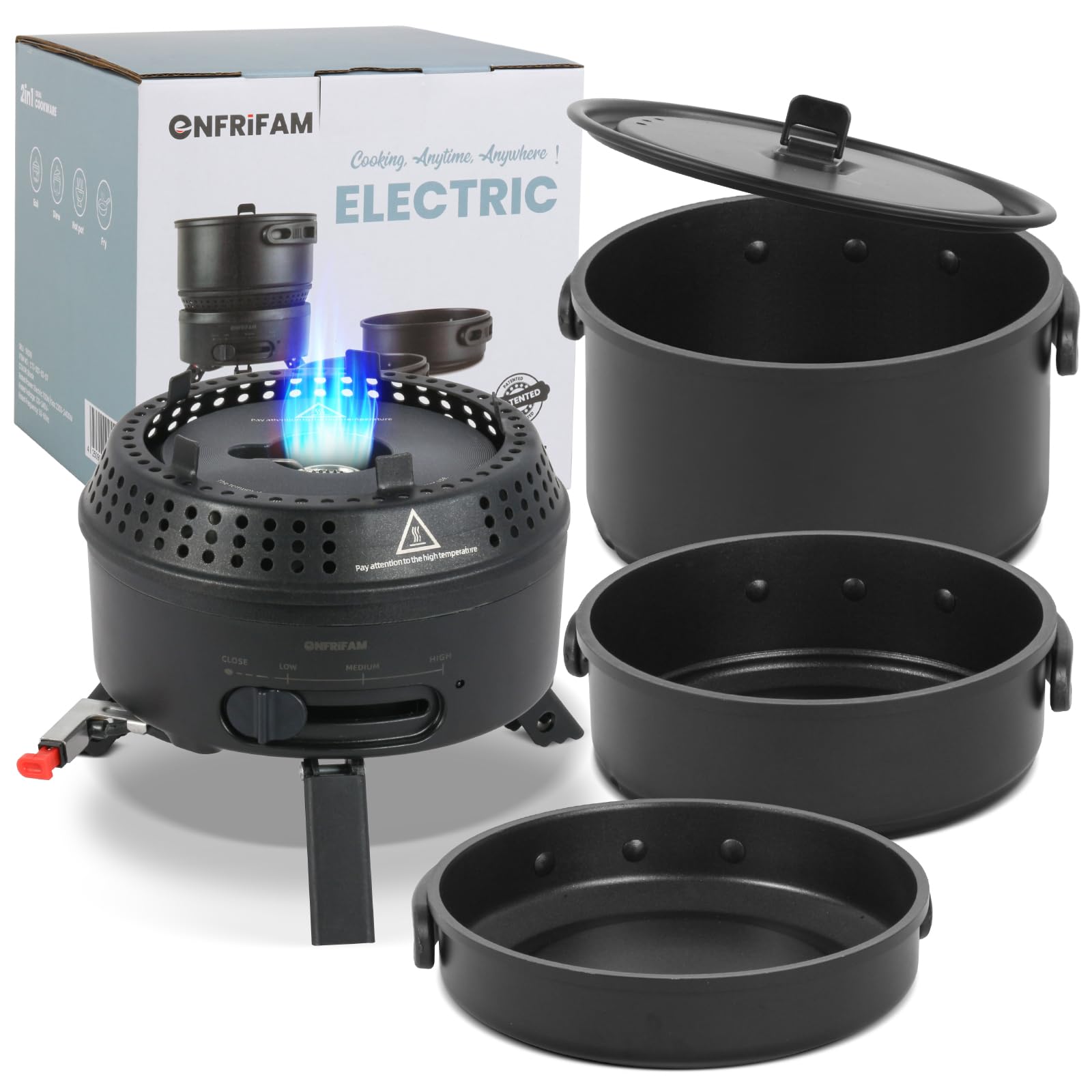 Camping Kochgeschirr Set für 2-4 Personen, 2 IN 1 Elektro und Gaskocher, Kombiniere 700W Elektrische & 2200W Gas, Camping Geschirr Campingkocher für Wohnmobil, Drinnen, Draußen