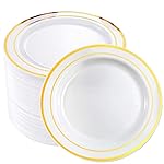 bUCLA 100Pieces Gold Plastic Plates -7.5inch White and Gold Disposable Salad/Dessert Plates - Ideal for Weddings, Party & Thanksgiving
