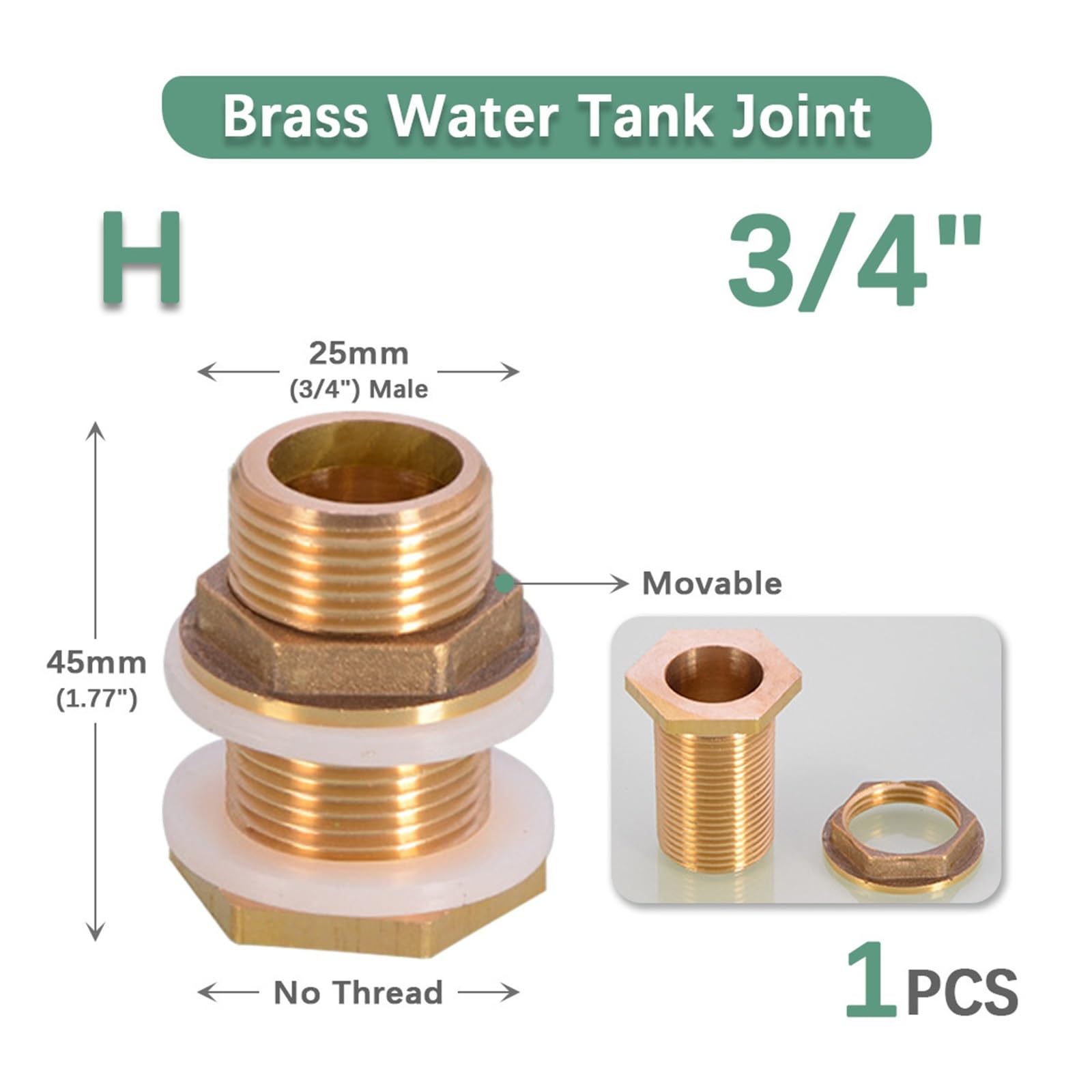 Conector de tanque agua latón, 1/2 ", 3/4", 1, junta silicona, tubo cobre, acoplamiento pescado, adaptador manguera riego jardín(H-1PCS)