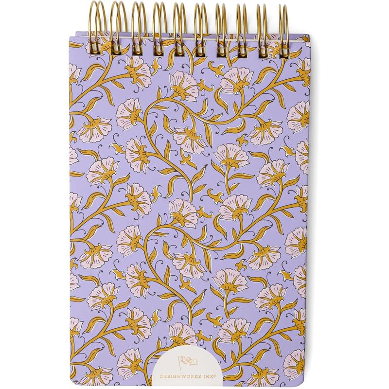Image of DesignWorks Ink Twin Wire Chunky Notepad - 5.75 inch x 8.5 inch Large To Do List Notepad & Daily Planner with Perpetual Headers - Top Spiral Binding & Hardcover, 192 Lined Sheets - Purple Vintage Floral