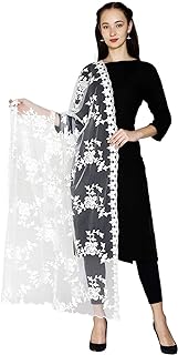 Women's Nylon Net Embroidered Dupatta (White, Free Size)