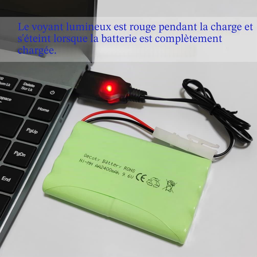 Batterie 9,6V 2400mAh Ni-MH AA Rechargeable avec câble de Charge (Prise KET 2P)
