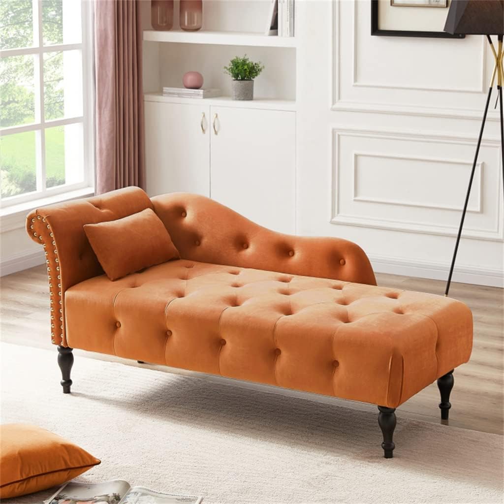 Velvet Chaise Lounge Button Tufted Nail Trim Solid Wood Legs W 1 Pillow 60.6" L X 27.50" W X 28.30" H