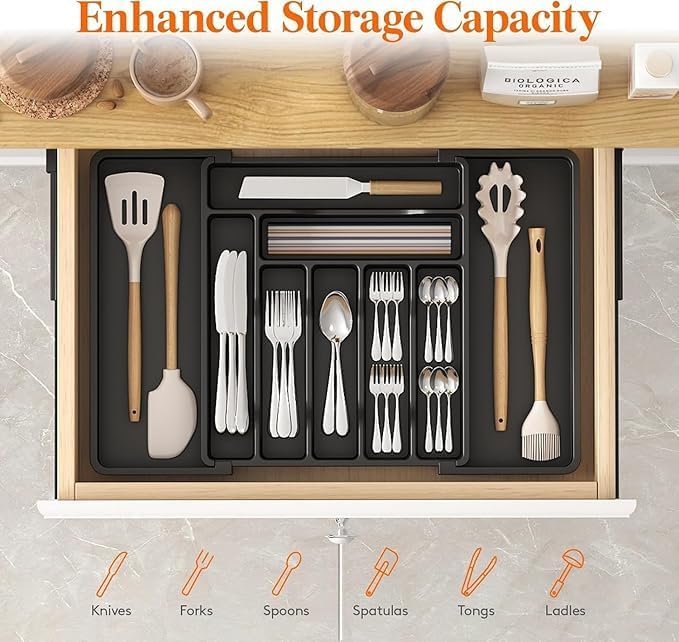 Image of Zollyss Cutlery Tray for Kitchen Drawer | Expandable Drawer Organizer Utensil Tray | Adjustable Cutlery & Flatware Holder for Spoons, Forks, Knives | Plastic Cutlery Organizer