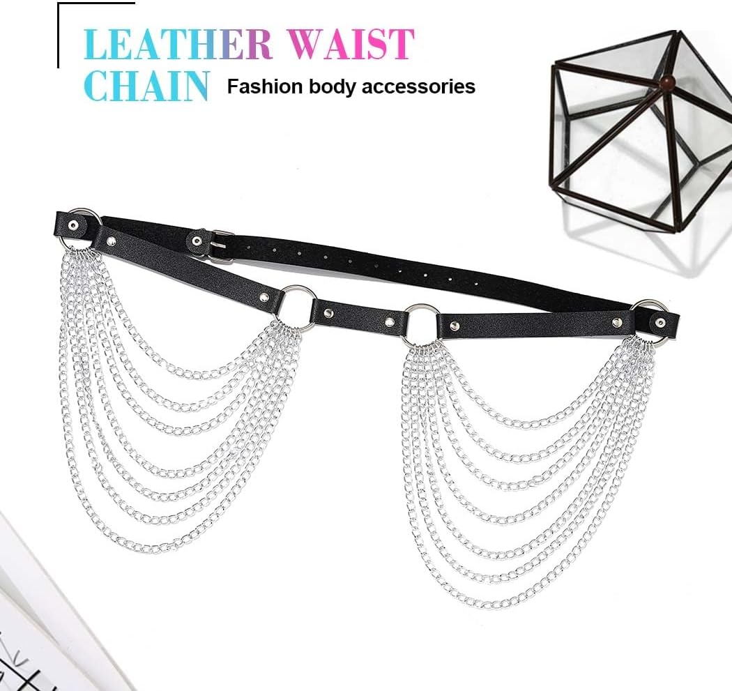 Waist Chain Belt Black Leather Belly Chain Belt Fashion Gothic Rave Body Accessories for Women