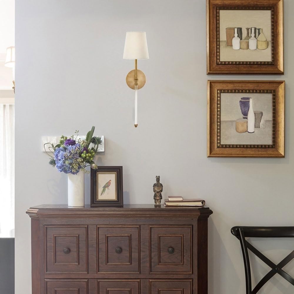 Applique da Parete per Interni Lampade da Parete in Ottone Anticato con Paralume in Tessuto Bianco Lampada da Parete Lunga in Bronzo Stile retrò Rustico Dorato con Attacco E14 per Camera da Letto E