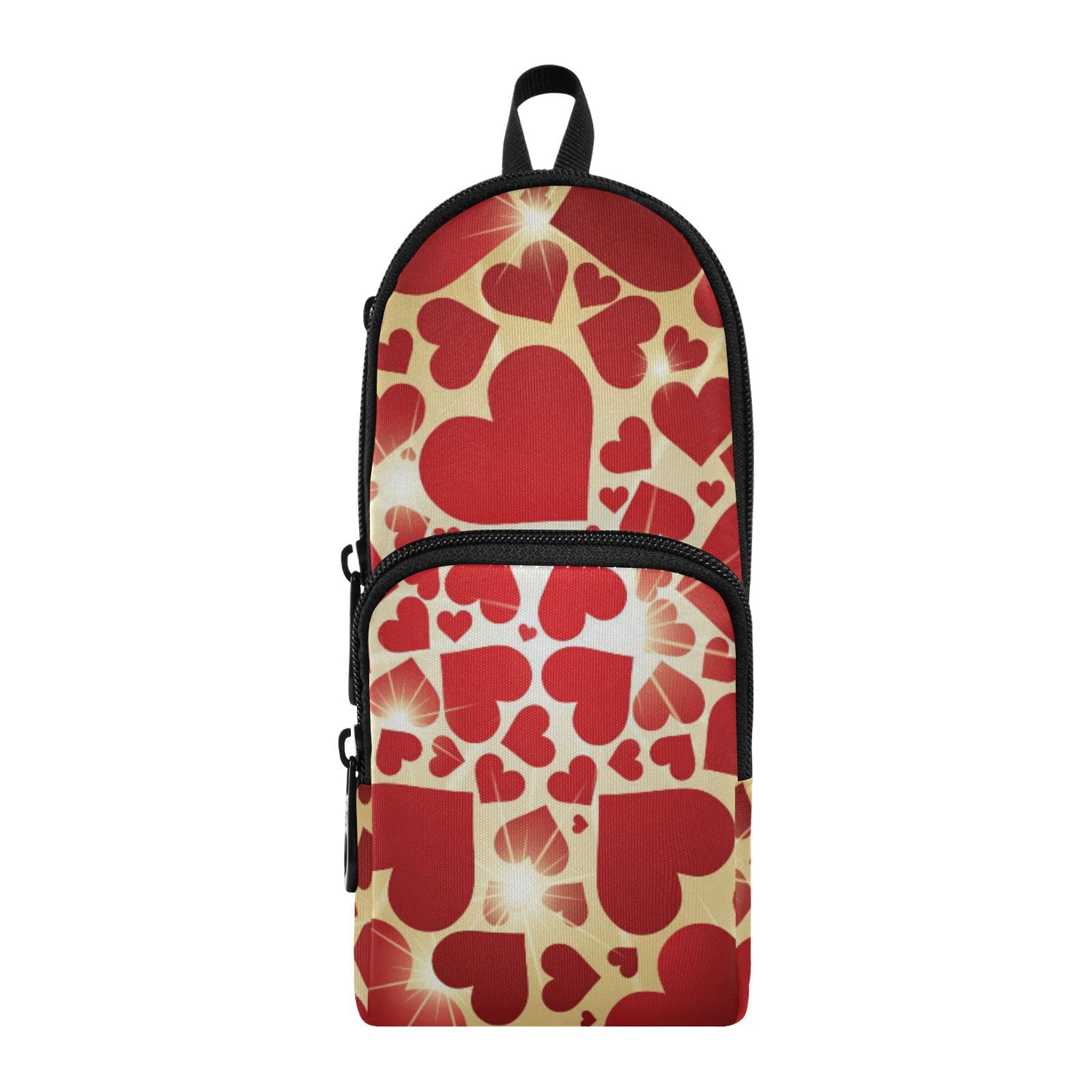 ODAWA Red Hearts Glowing Stars - Estuche para bolígrafos con cremallera de 3 capas con amplio almacenamiento y separadores para adolescentes (9.2 x 3.9 x 3.1 pulgadas)