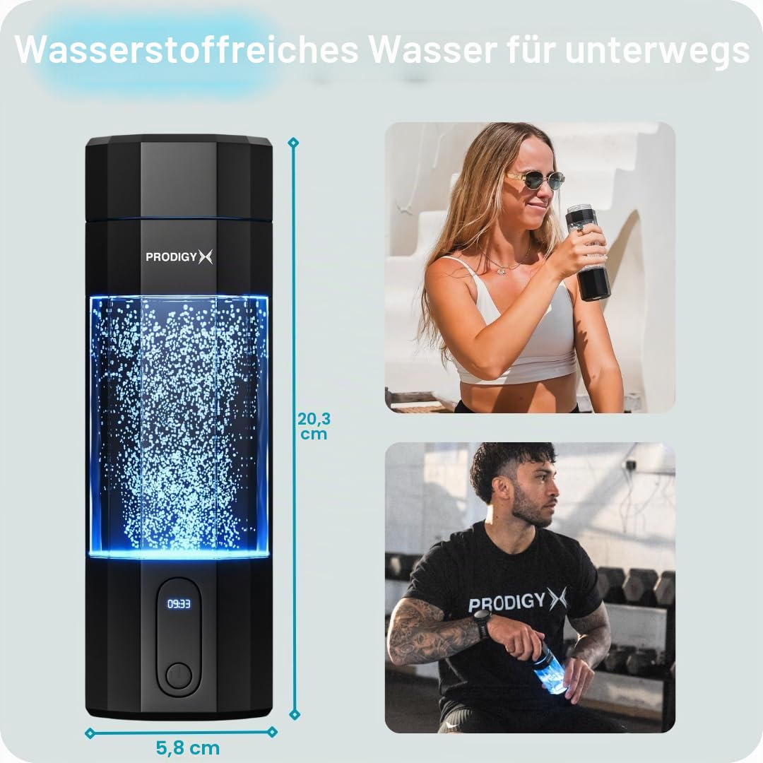 Prodigy X Wasserstoff-Wasserflasche - 5.000 PPB / 5ppm - 210 ml für schnelle Einnahme - Tragbarer Wasserstoff-Generator - Hochwertige, dicke Flasche