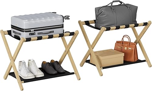 Miniatura 9 de Paquete de 2 portaequipajes de bambú natural, soporte plegable para maleta con estante de almacenamiento, soporte de equipaje fácil de montar con 5